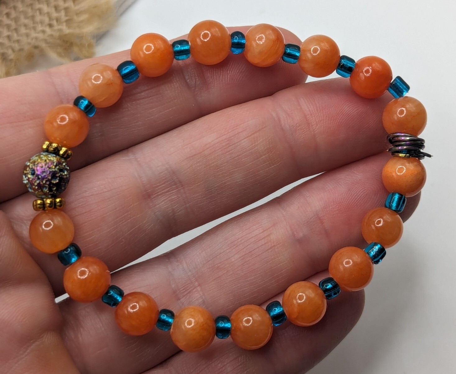 Orange 8mm Gemstone, Blue 6/0 Beaded Stretch Stylish Bracelet (17cm) S/M Wrist