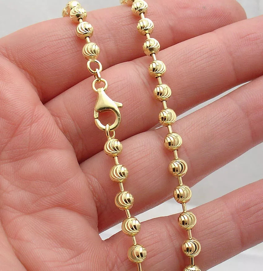 5mm Moon Cut Ball Bead Chain Necklace Solid 14K Yellow Gold Plated 925 Silver
