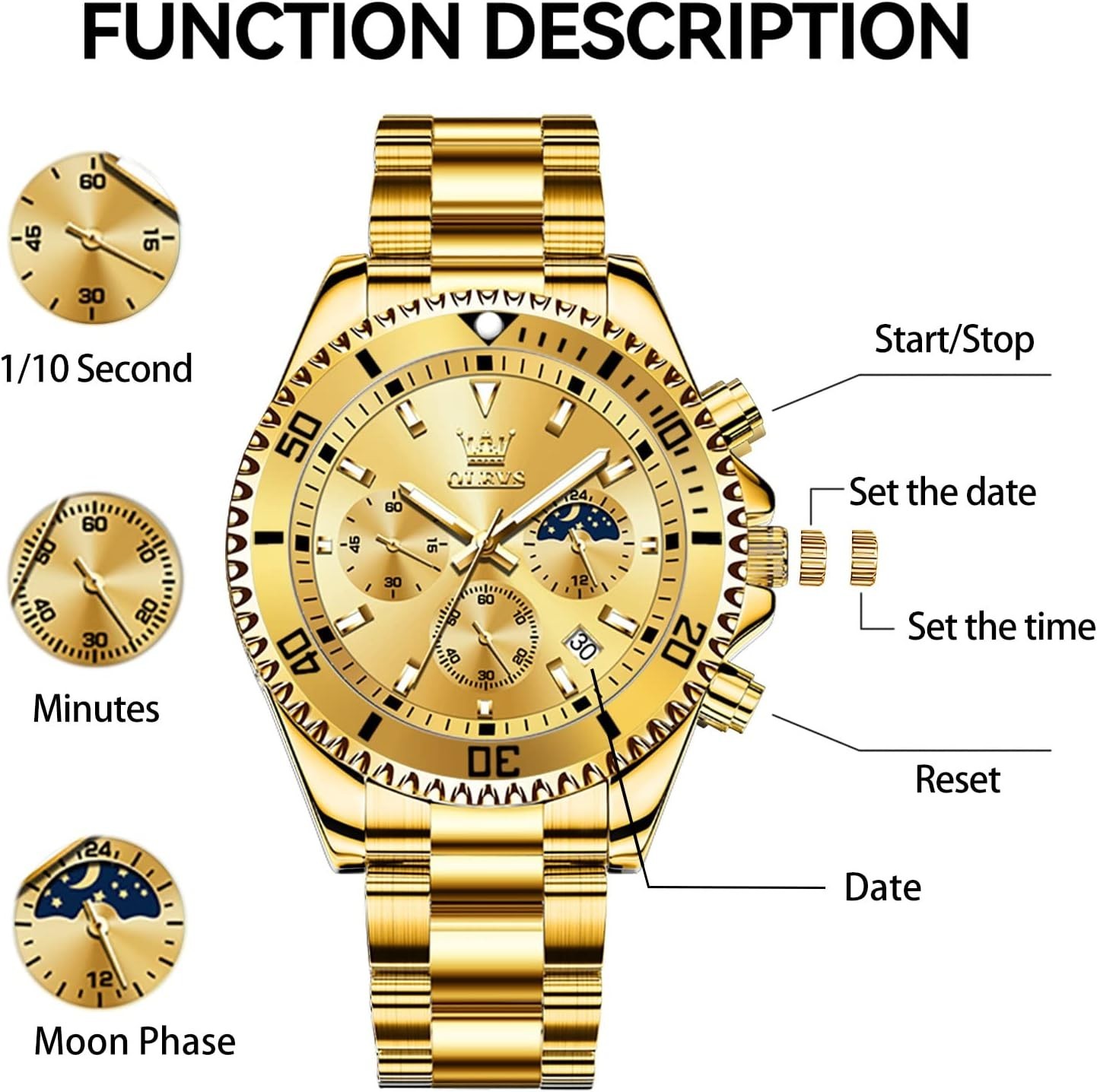 Men’s Fashion Luxury Waterproof Watch – Gold Big Face & Luminous Dial, 30m Depth