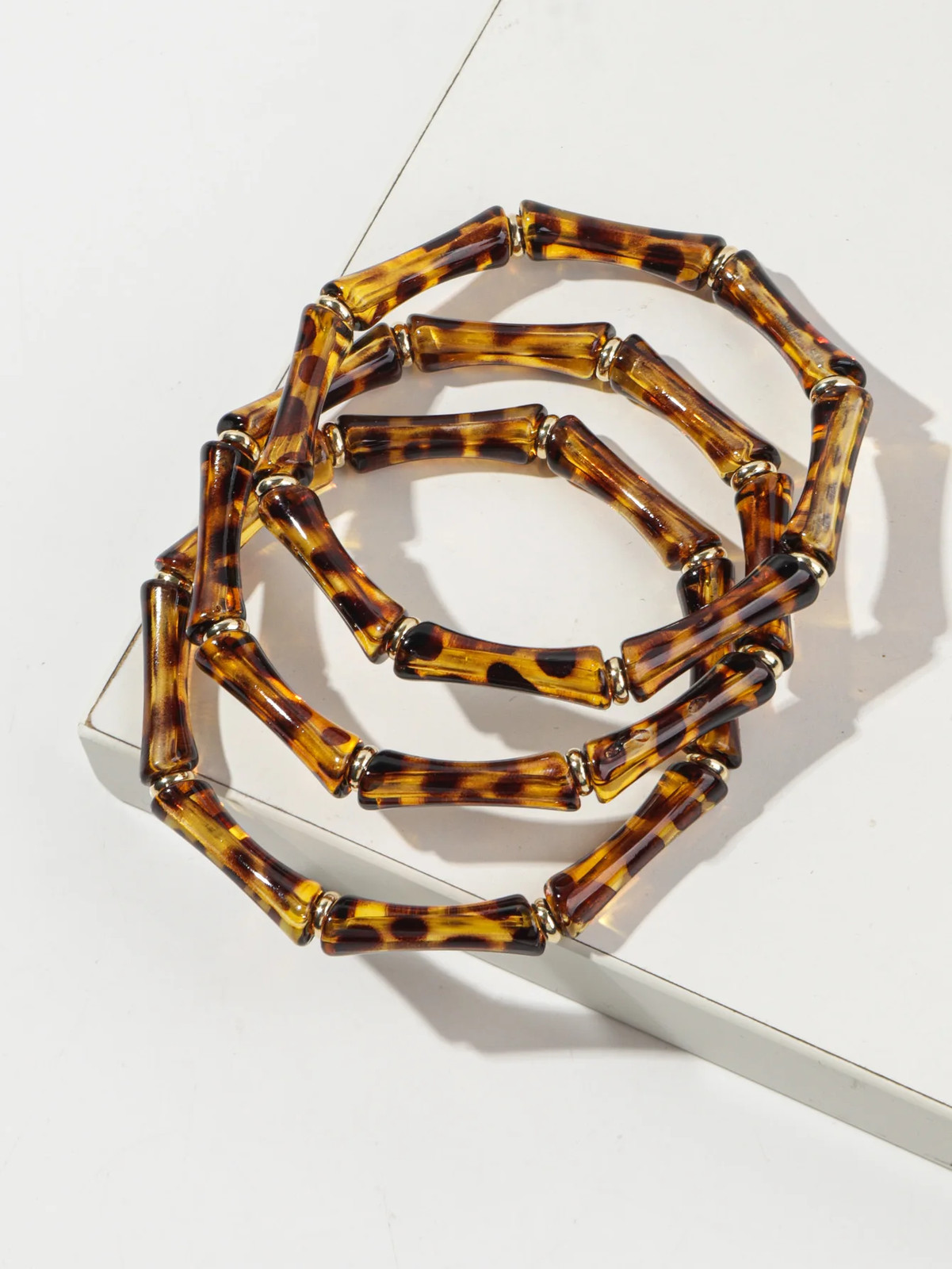 3 pc Leopard Acrylic Bamboo Beaded Bracelet Women Retro Thin Tube Stack Jewelry