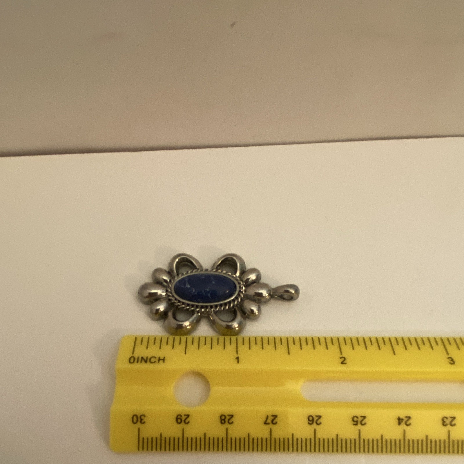 Silver Tone Floral Charm Pendant Blue Oval Cabochon Bezel Set Metal