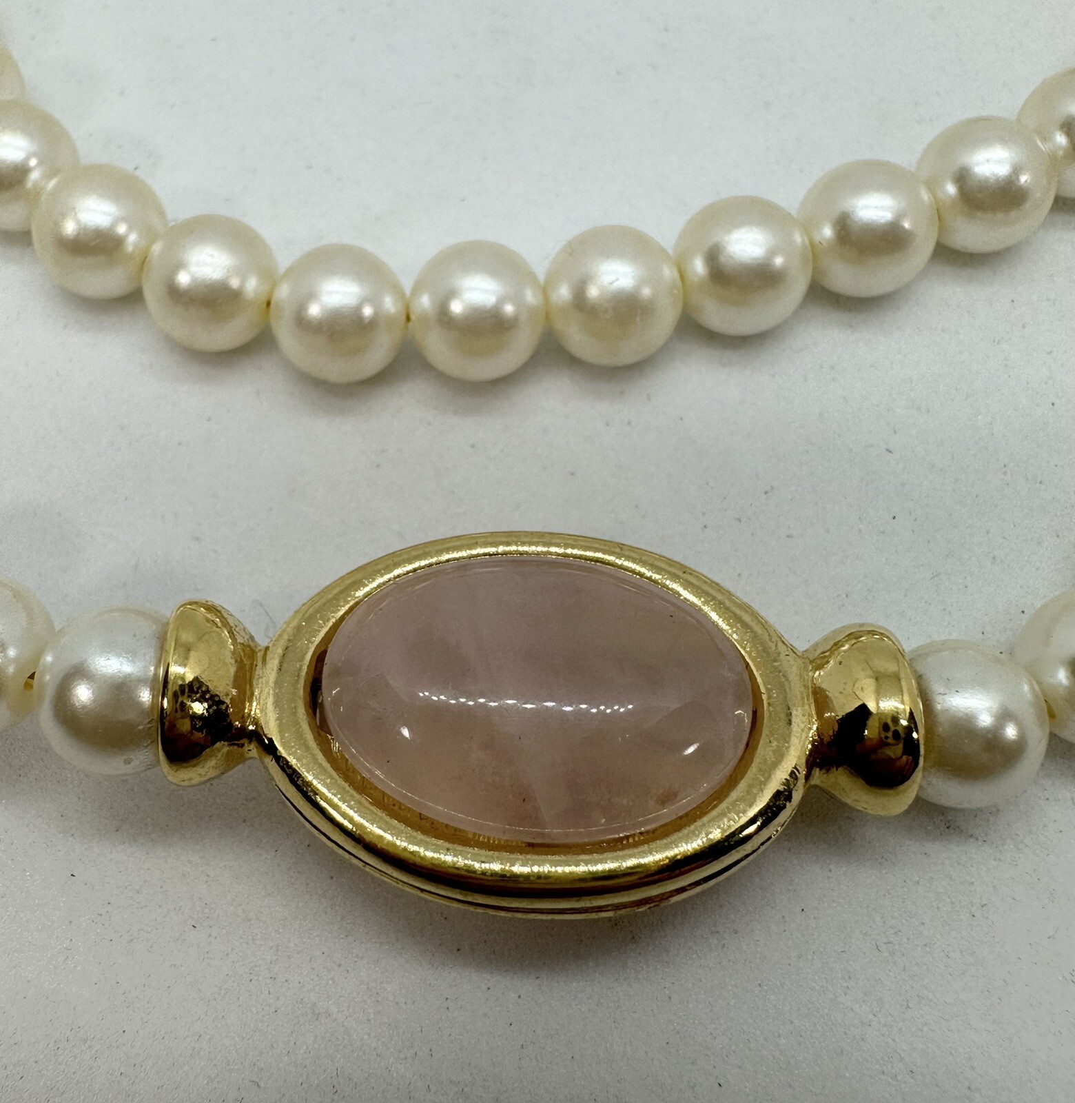 Vintage Napier ~ 8mm White Pearl Beads & Rose Quartz Station Necklace ~ 30in
