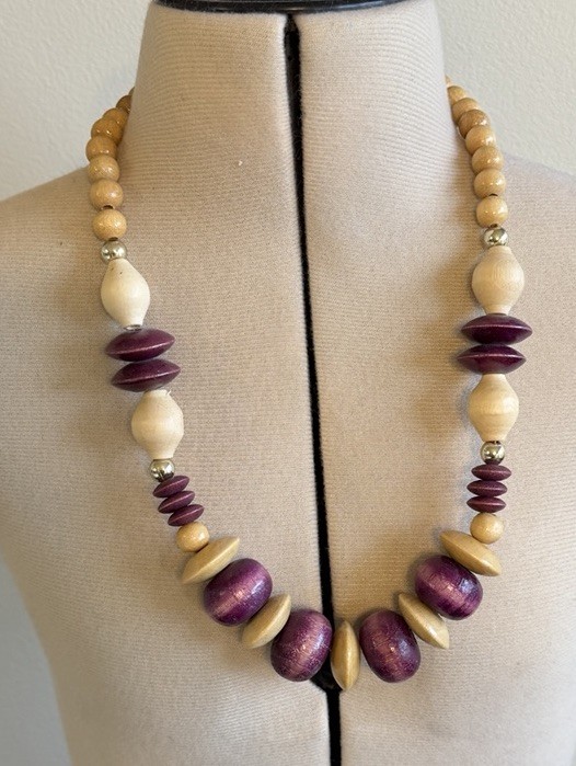 Wooden Beaded Necklace Bohemian Retro Vintage Classic Graduated Beads Purple