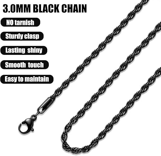 Cadena de cuerda negra para hombre, collar de acero inoxidable