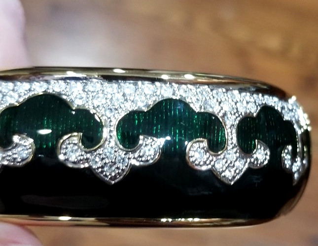 Bejeweled cuff bracelet with Green enamel and Gold tone metal Mint condition
