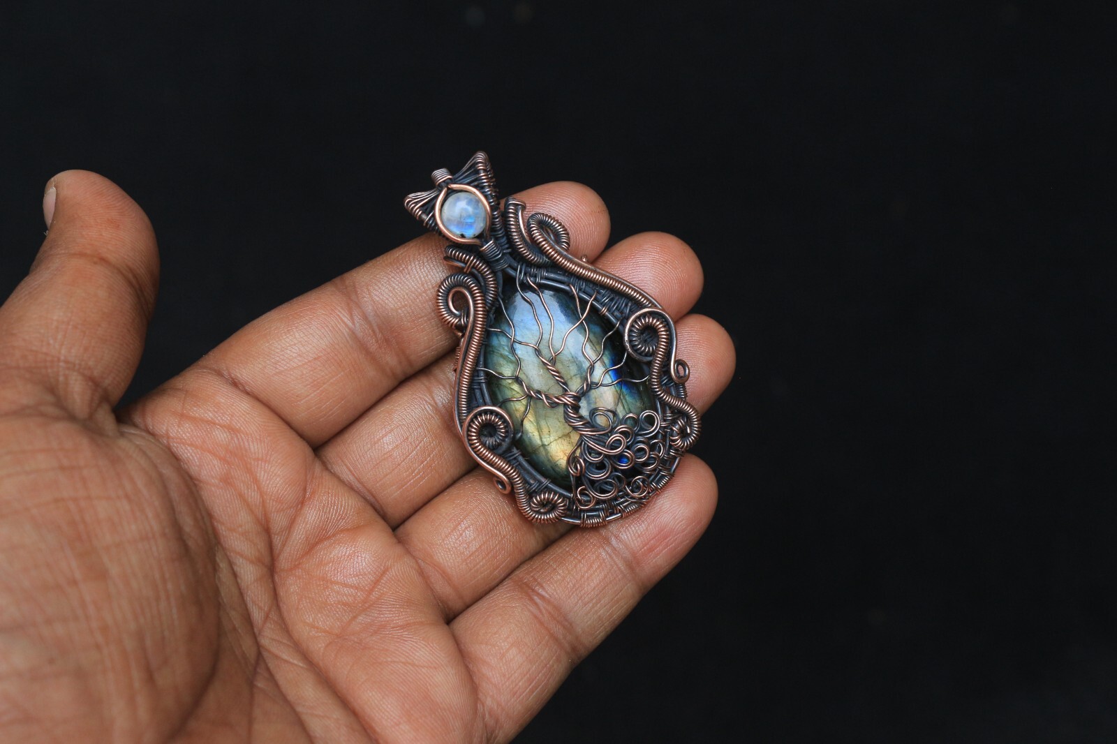 Yellow Fire Labradorite Copper Wire Wrap Tree Of Life Pendant Jewelry Gift NK547