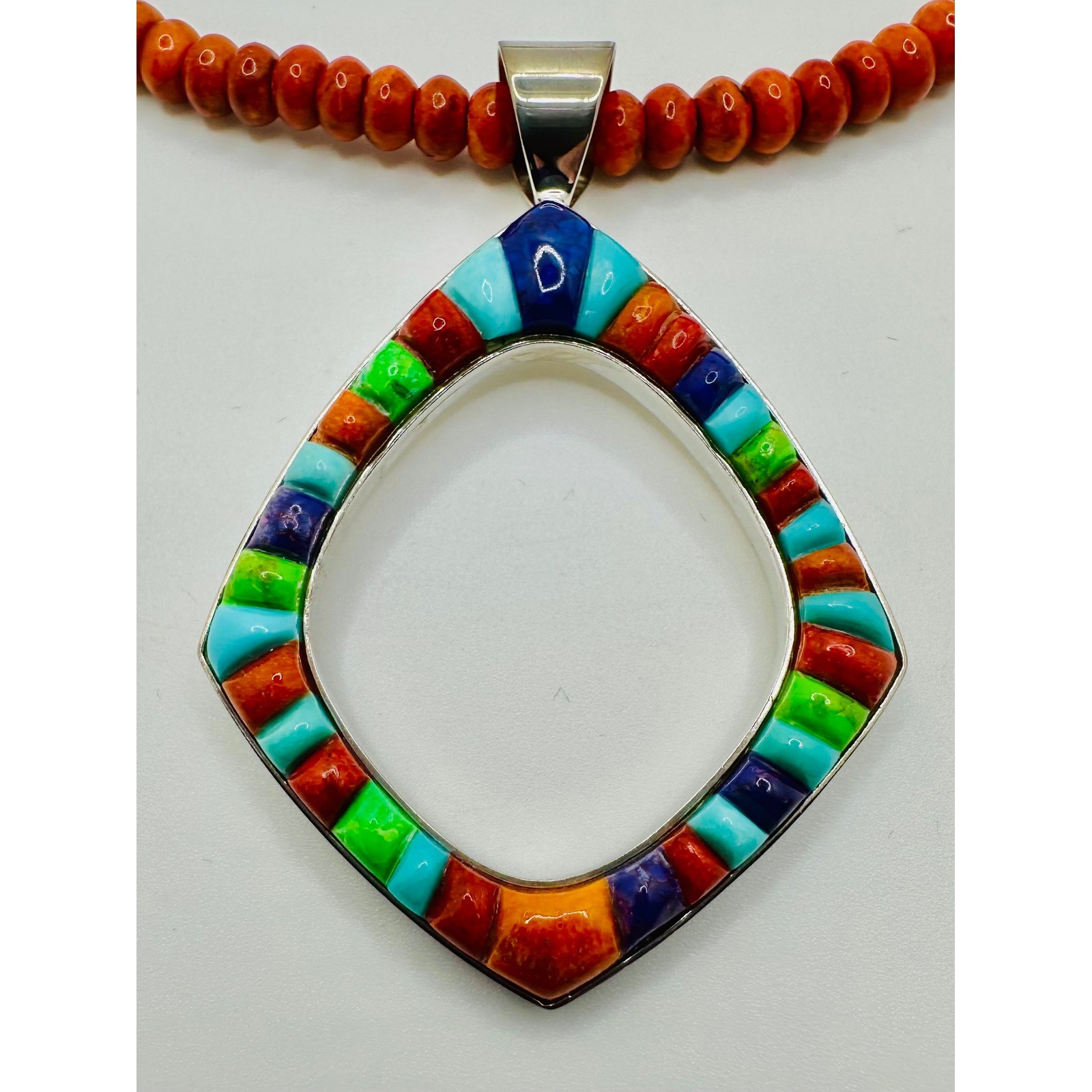 Sterling Silver Multi Stone Inlay Teardrop Pendant Red Beaded Necklace 18.5in