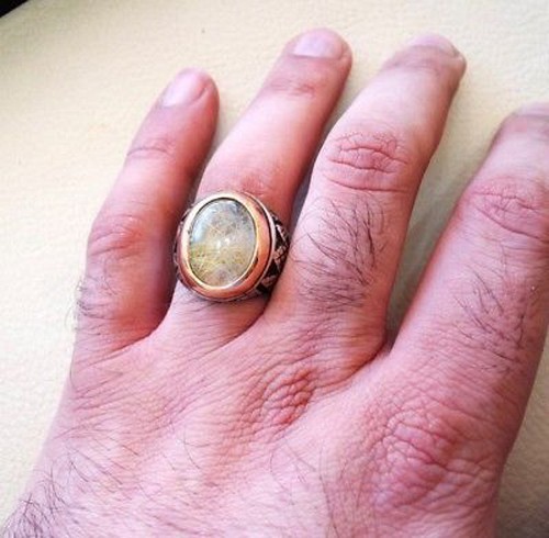 Solid 925 Sterling Silver Natural Rutilated Quartz Gemstone Men’s Unisex Ring