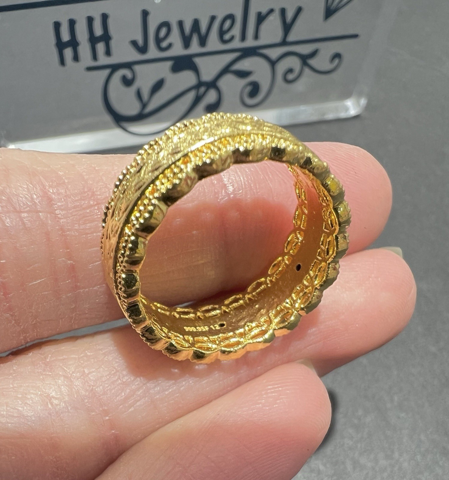 24K Yellow Gold Hollow Wide Diamond Cut Infinity Eternity Ring Band