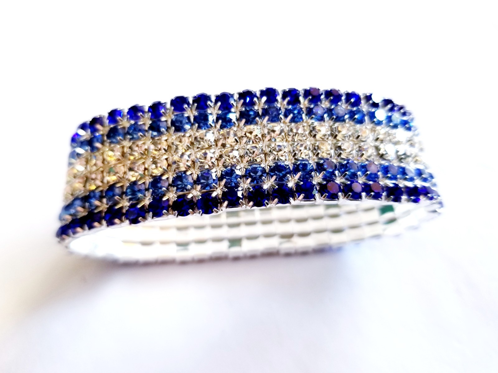 Blue Silver Rhinestone Stretch Bracelet Crystal Pageant Prom Drag Jewelry