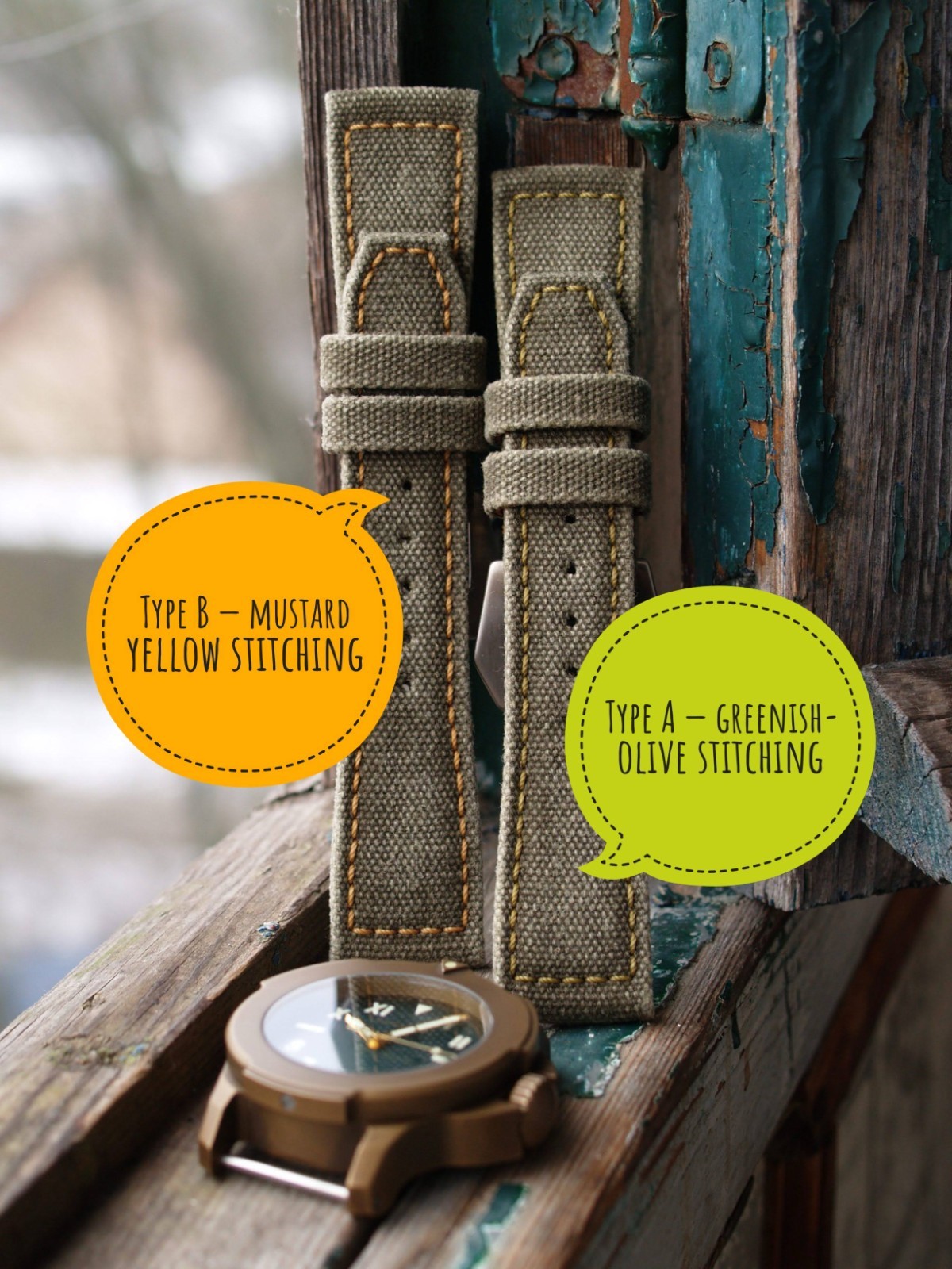 26 mm rugged handcrafted canvas watch strap Olive Green *Ready-Made *US-DutyPaid