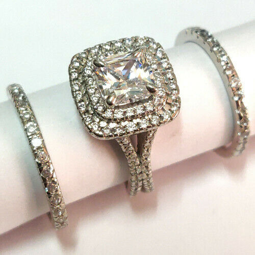 3Ct White Cushion Cut CZ Trio Engagement Wedding Ring Set In 925 Sterling Silver