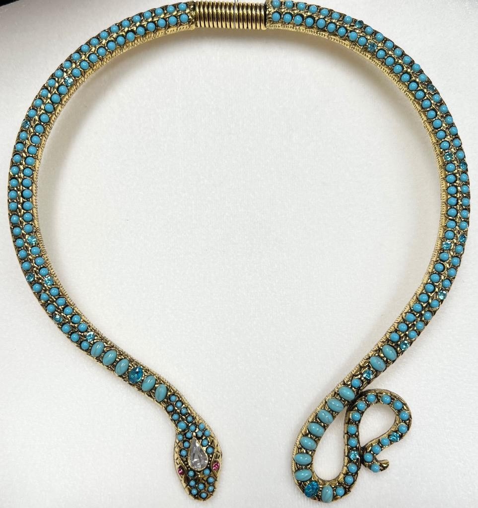 Blue Topaz Turquoise Rhinestone Snake Necklace Wrap Victorian Egyptian Rev. Faux