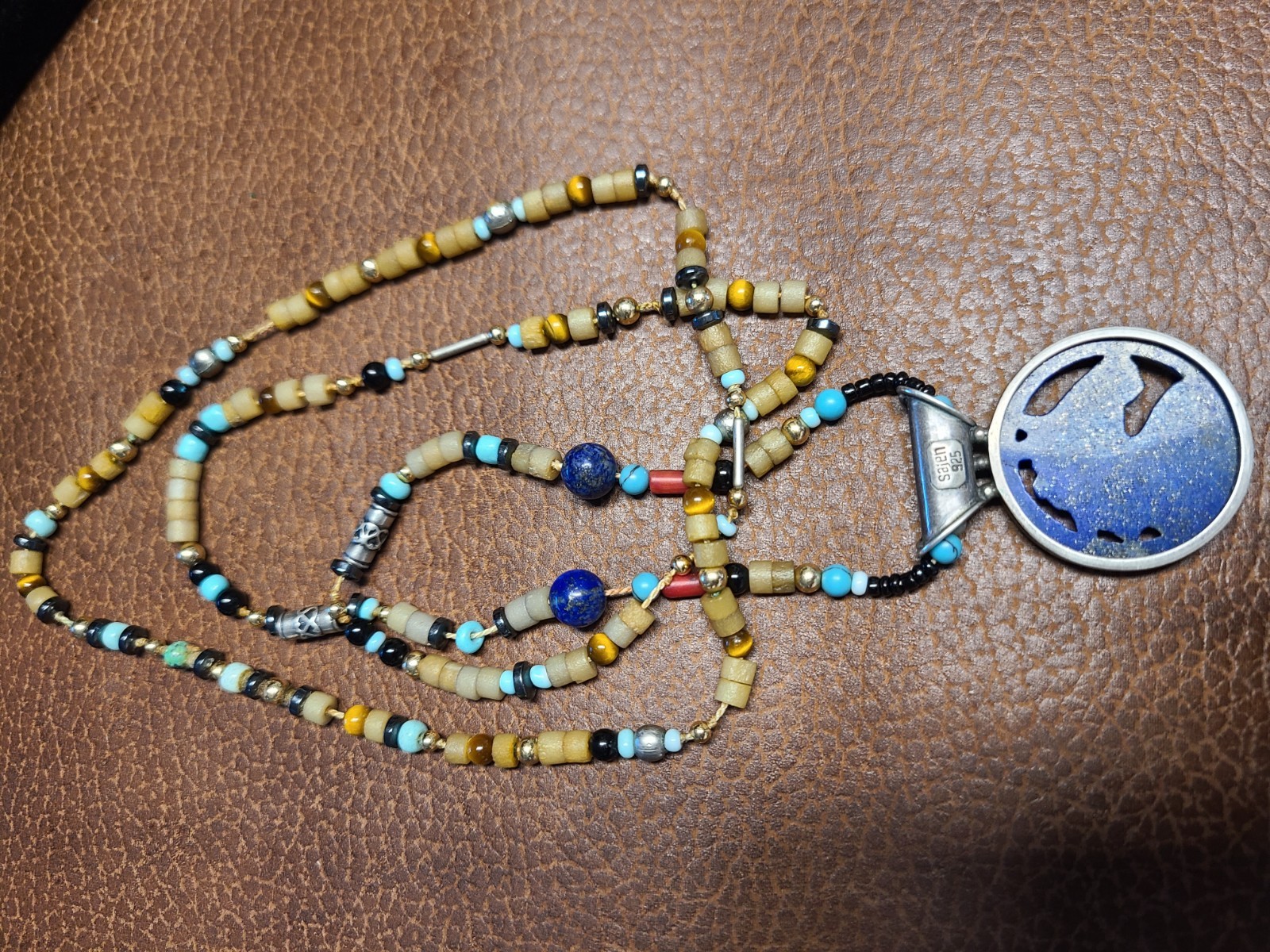 Vintage Sajen 14K Sterling Lapis Lazuli Turquoise Coral Horse Pendant Necklace