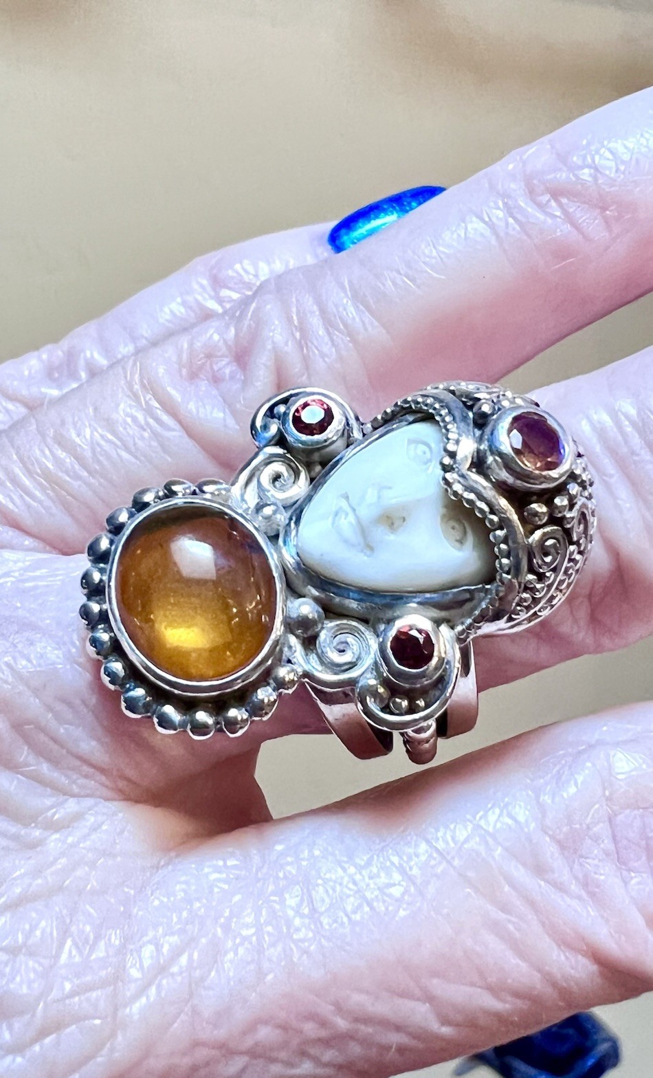 BEAUTIFUL ORNATE Sajen Sterling Silver Citrine, Garnet, Etc. Carved Goddess Ring