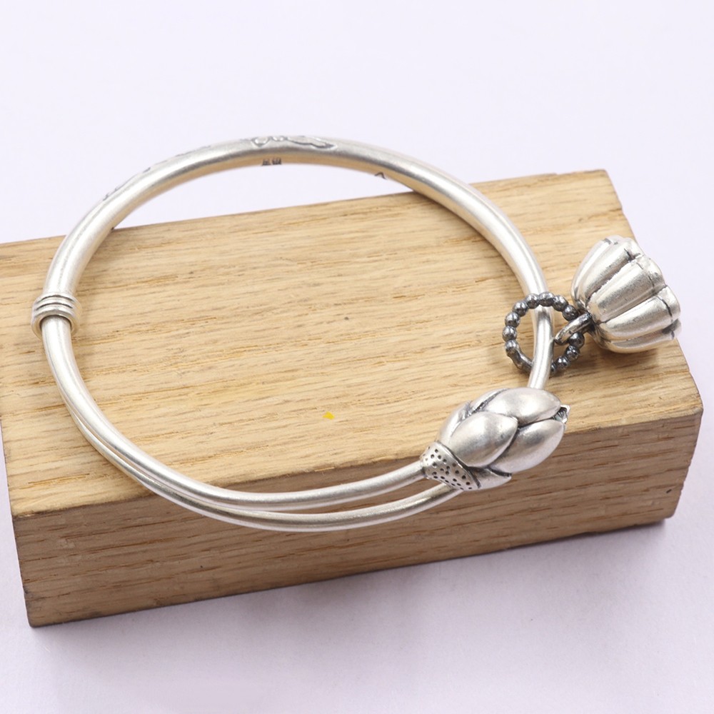 Pure S999 Fine Silver 999 Bracelet Women Lotus Flower Bangle 25-26g ID:54-58mm