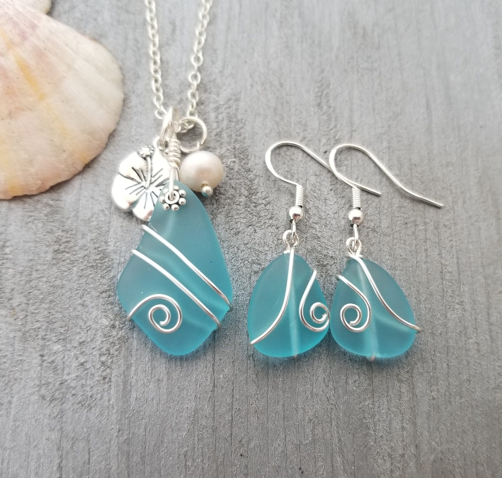 Made in Hawaii, Wire wrapped blue sea glass necklace + earrings jewelry set,