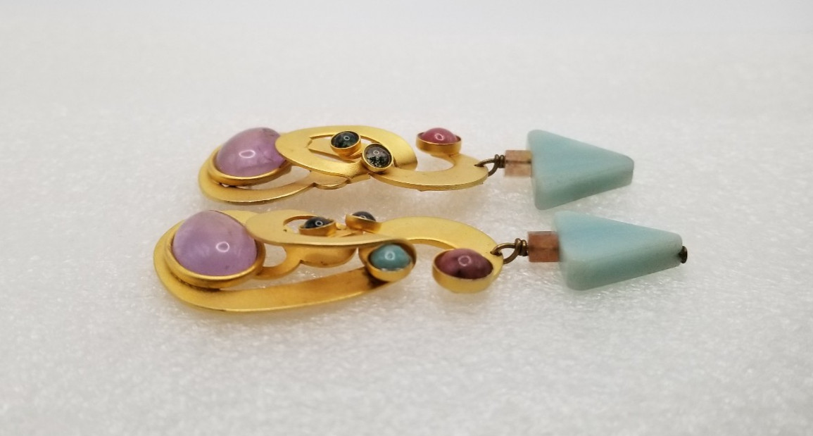 Vintage Gale Rothstein Semi-Precious Stones Gold Plated Dangle Pieced Earrings