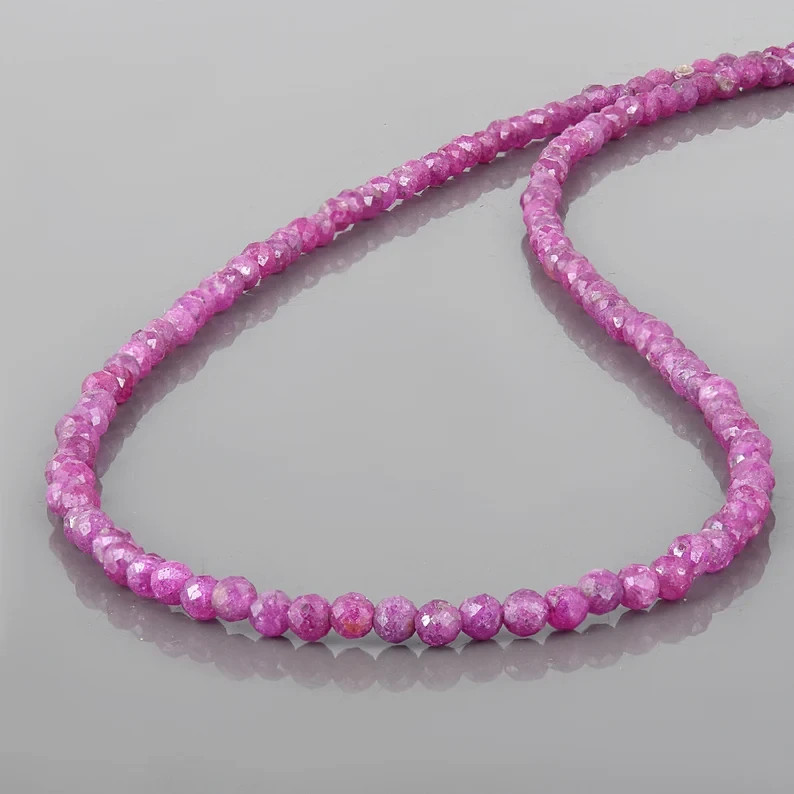 Handmade Natural Pink Ruby 3mm Beaded Necklace 925 Sterling Silver Gift 18″