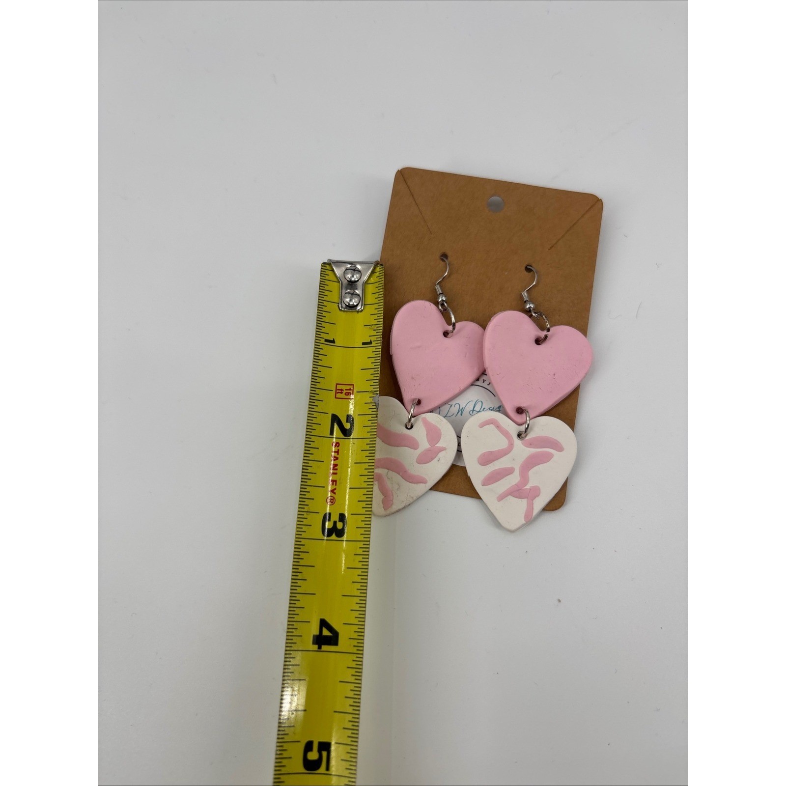Handmade pink white Heart Dangle polymer clay Earrings Abstract Valentine
