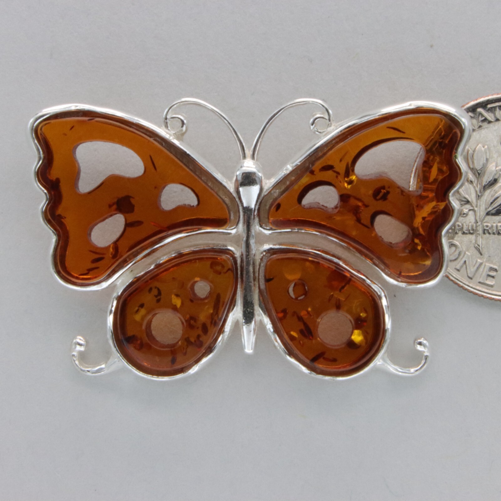 Cognac / Brown BALTIC AMBER Butterfly Pendant – 925 STERLING SILVER Poland 3183e