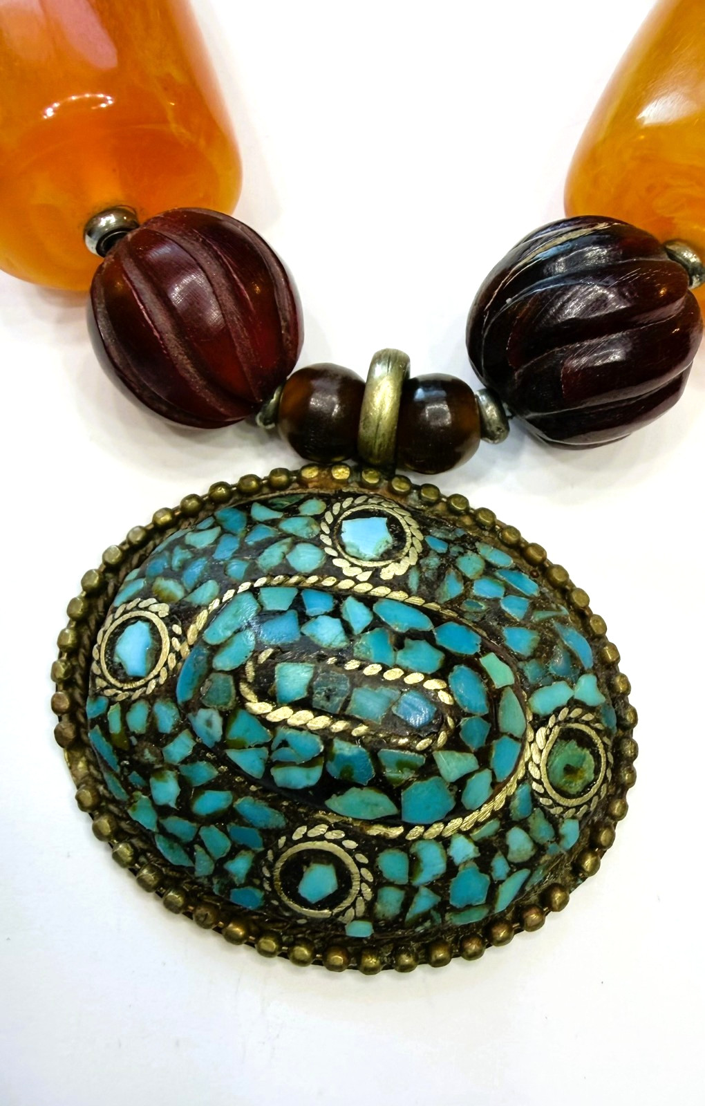 Vintage Tibetan Style Mosaic Pendant Necklace Butterscotch Resin Bone Beads 26″
