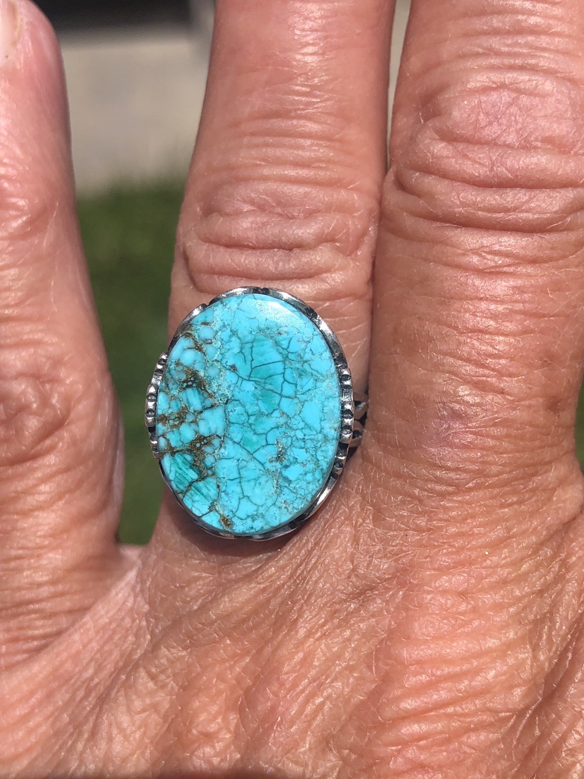 .925 Sterling Silver & Turquoise Handmade Ring 34 Carat GIE Cert. Adjustable