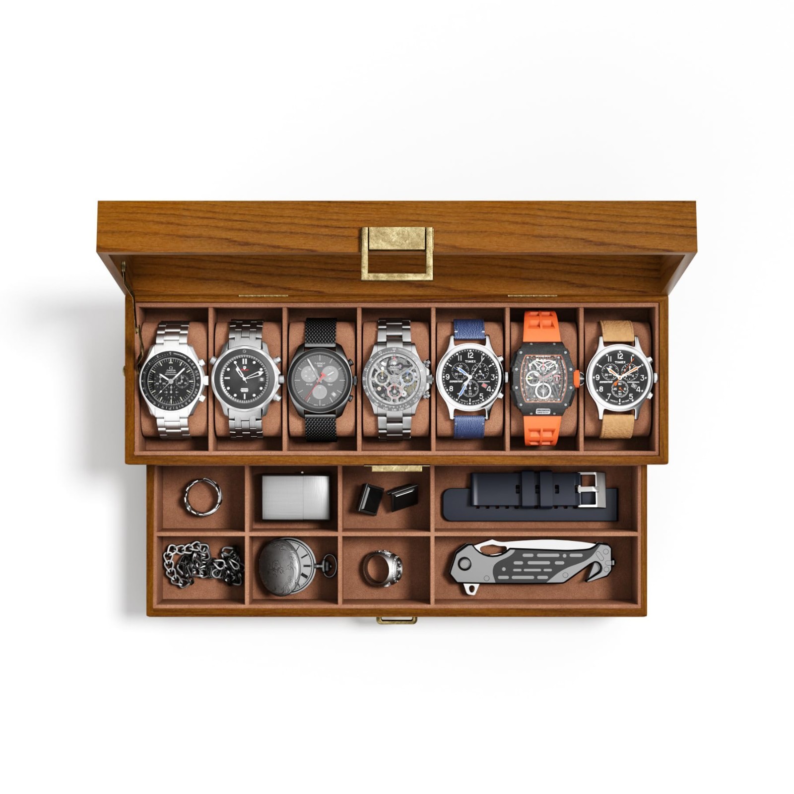 Men’s Watch Case Box – 7 Slots, 2-Layer Wood Grain Organizer with Jewelry Drawer