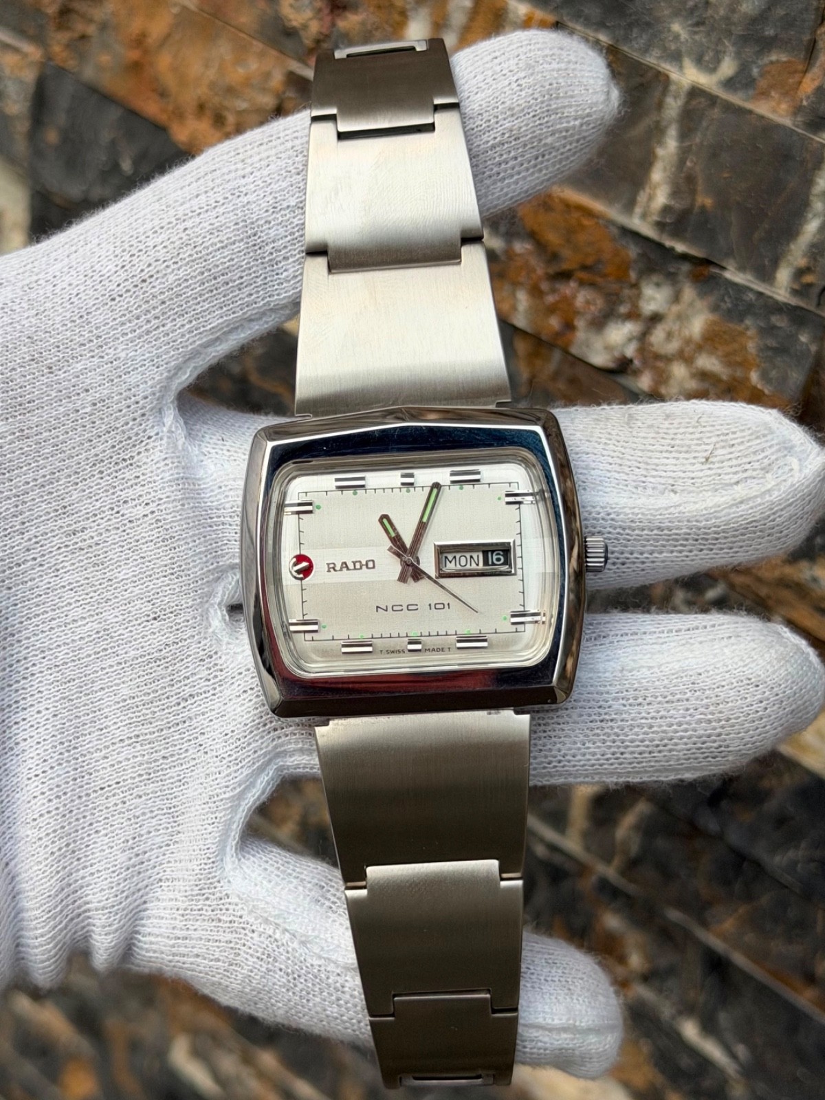 vintage Rado NCC 101 automatic watch featuring a silver TV-shaped case