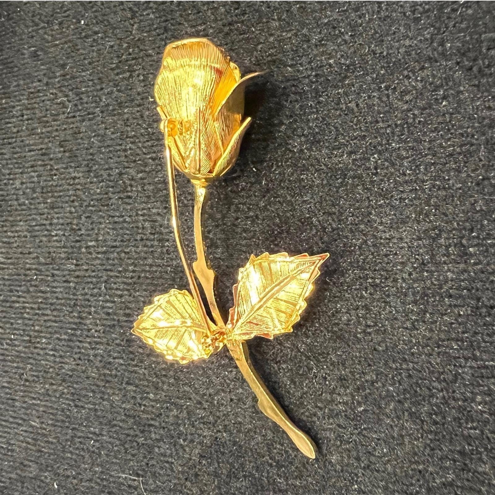 Vintage Gold Tone Rose Brooch Long Stem Floral Pin with Fleur-de-Lis Detail
