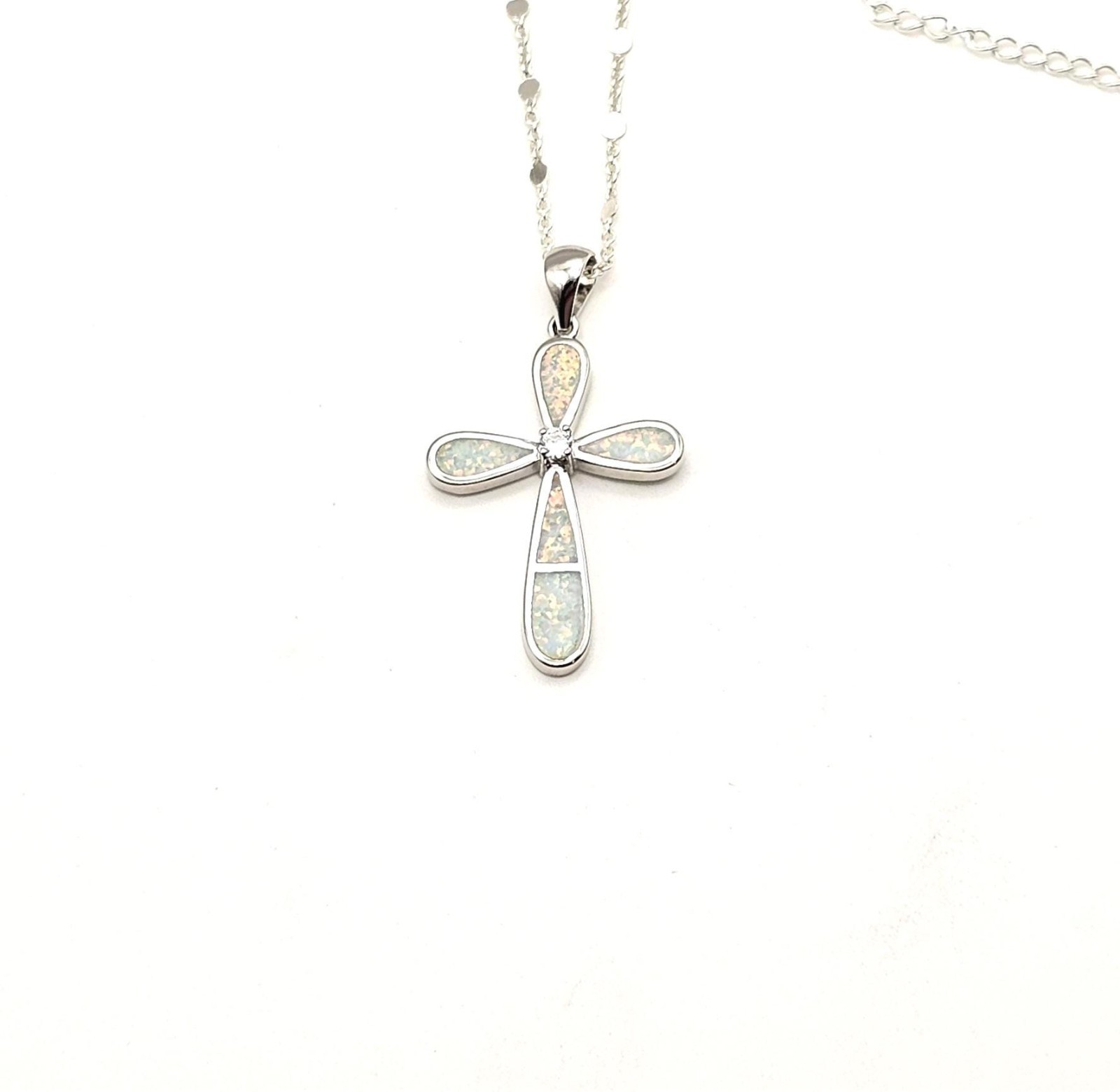 Silver Opal Cross Pendant – Adjustable Necklace – Christian Gift for Her