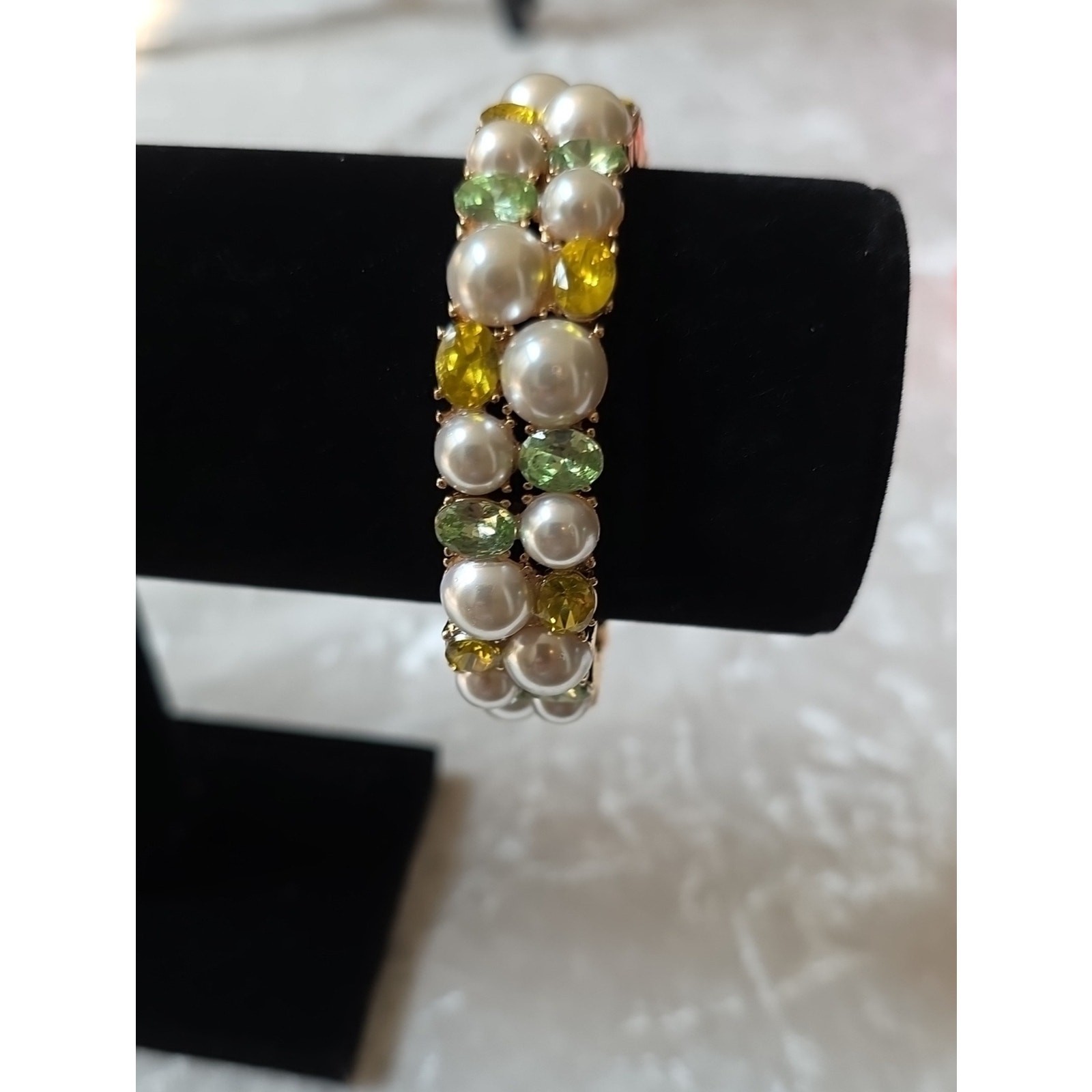 Charter Club Pearl Stretch Bracelet with Yellow and Light Green Crystals