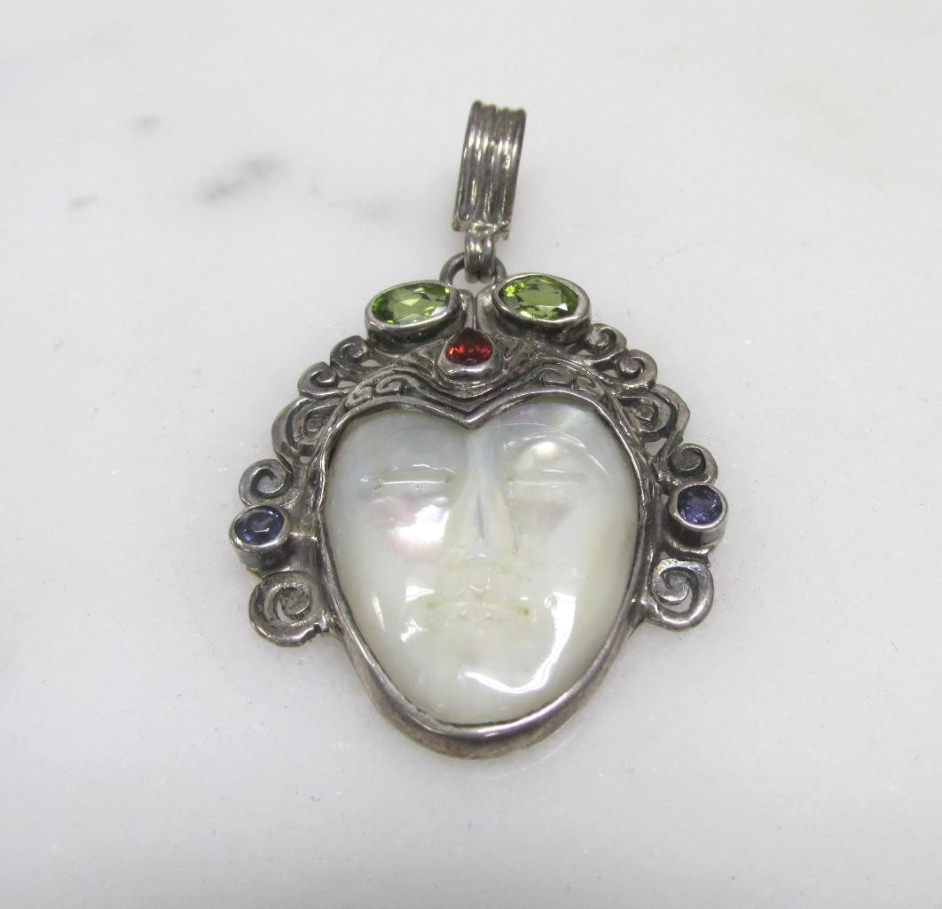 Mother of Pearl & Gemstone Sterling Silver Dangle Pendant 13.4g ~ 12-G866