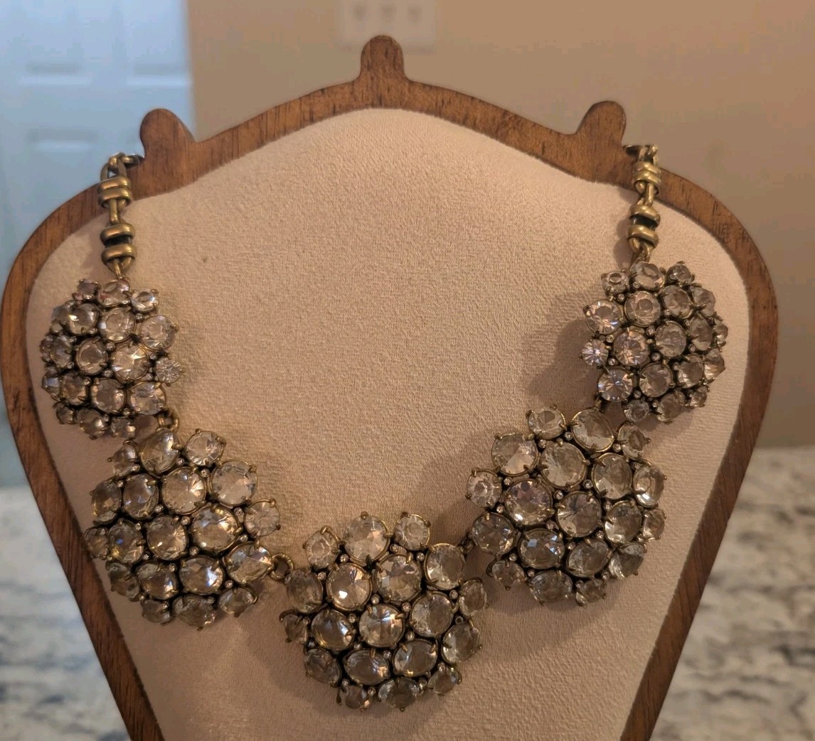 J.Crew Signed Gold Tone Clear Crystal Cluster Bib Statement Necklace Adjustable