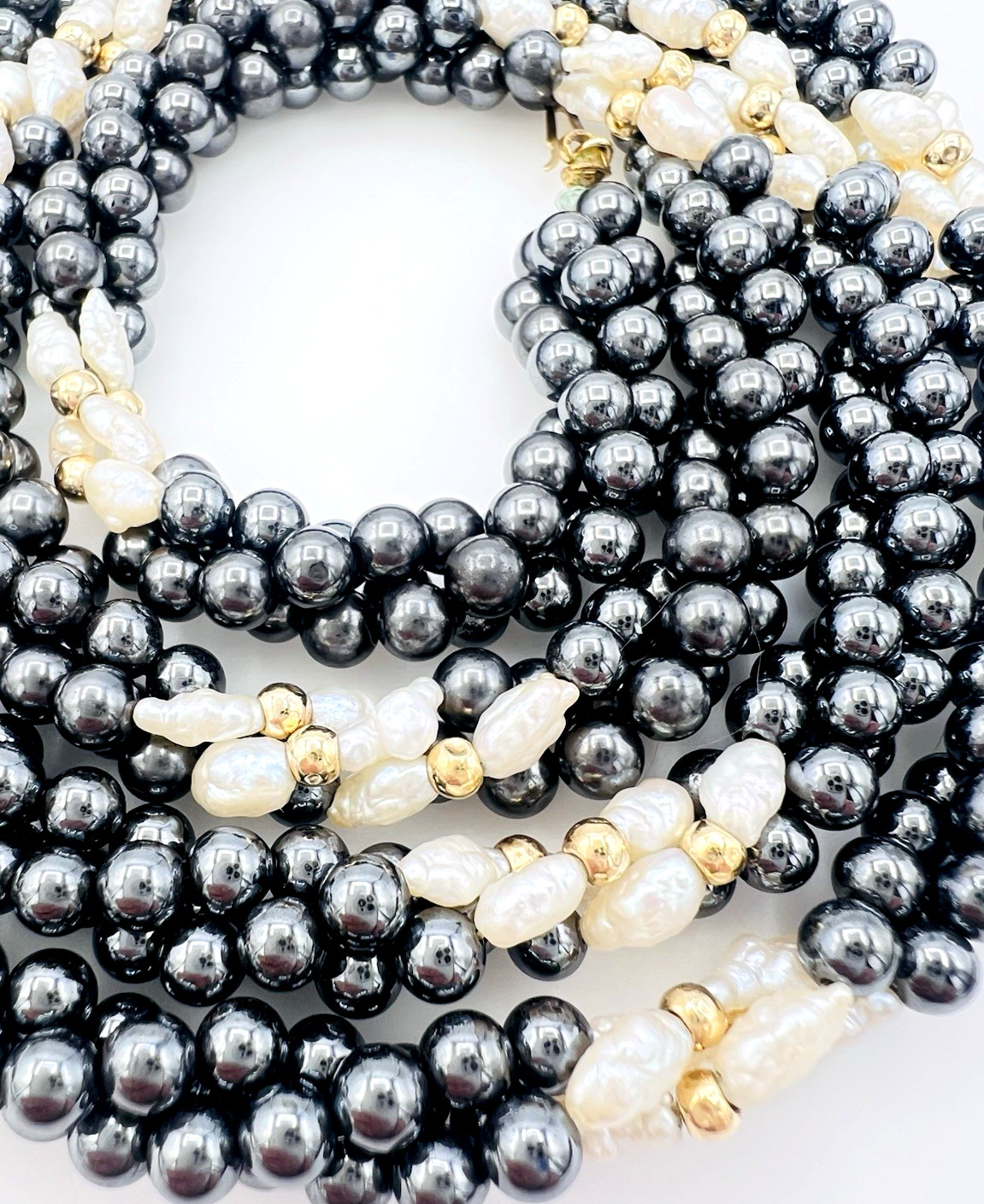 Vintage Twisted Hematite Rice Pearl 14K Gold Bead Necklace 30 in