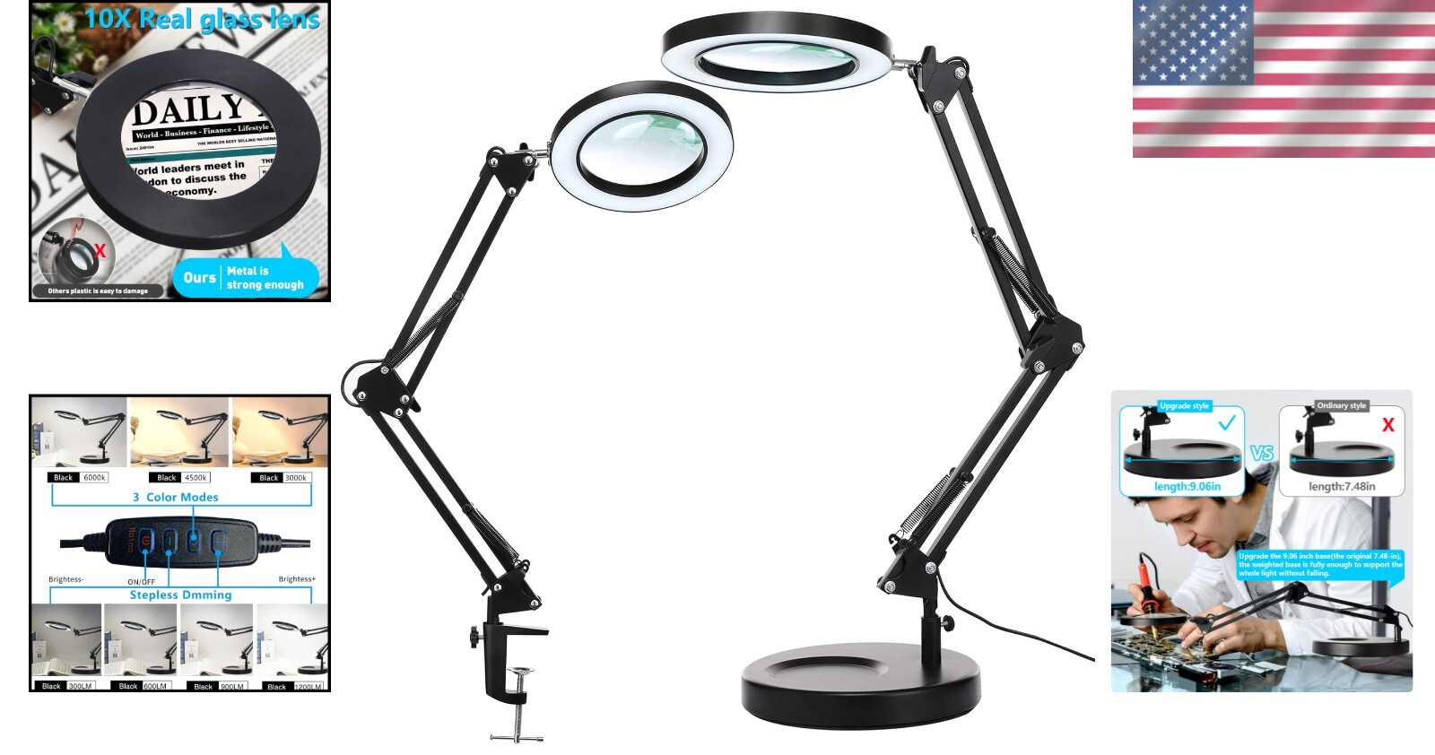 Premium 10X Dimmable Magnifying Desk Lamp with Heavy Base & 3 Color Temperatures