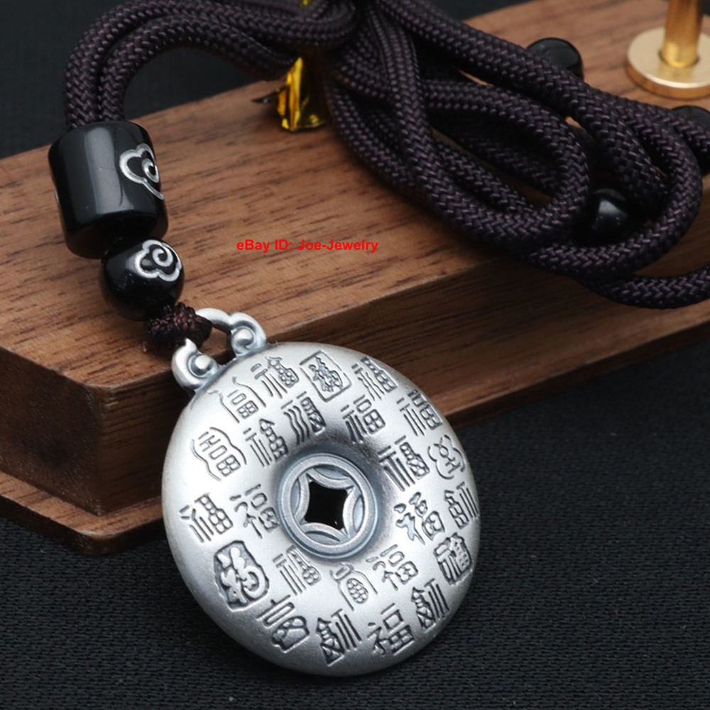 Real 999 Fine Silver Pendant Chinese 福 Good Luck Character Safe Amulet 19-21g