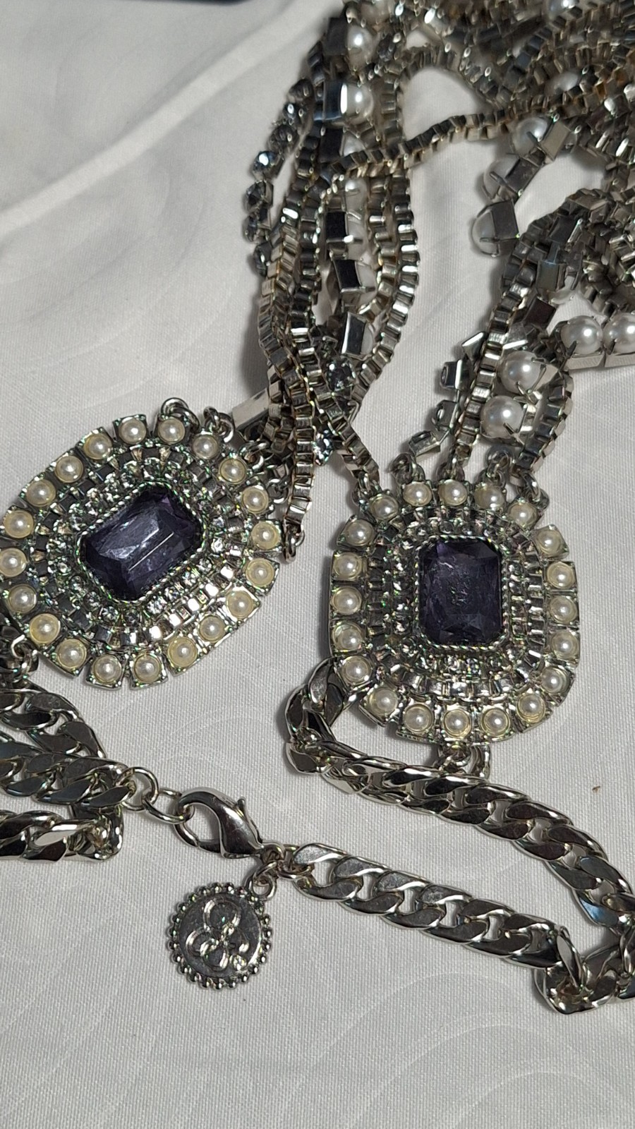 Silver Tone Layered Cable Chain Necklace Blue Rectangle Crystal Faux Pearl