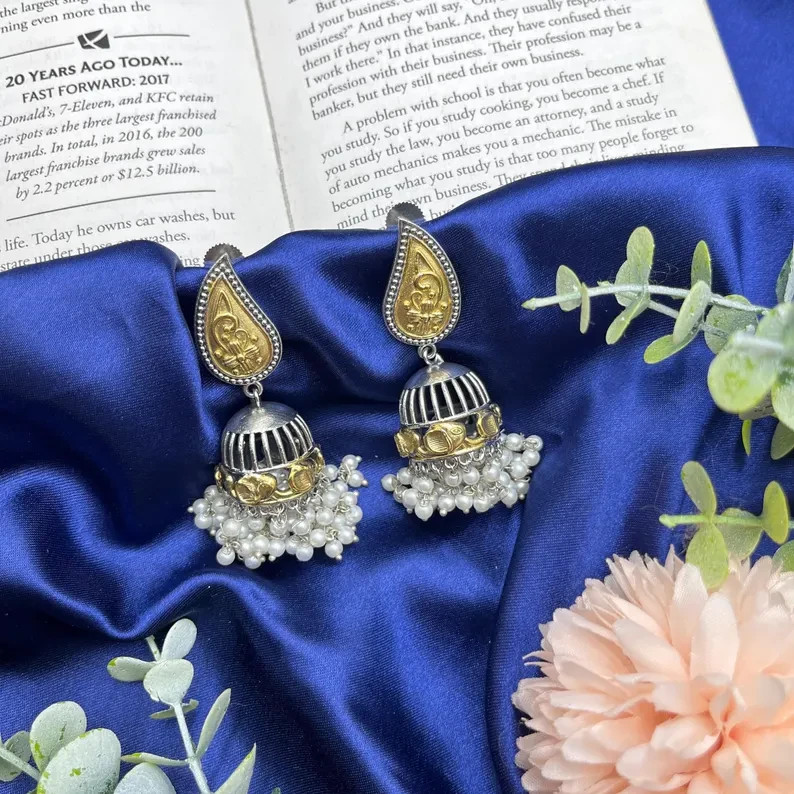 Oxidized Jhumka Earrings Gold Tone Pearl Drop Indian Ethnic Boho Jewelry Women