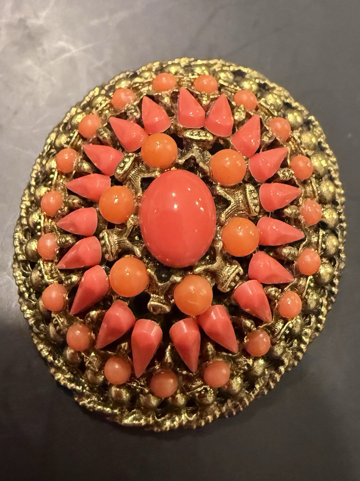 Vintage Signed HAR Coral Lucite Sunburst Statement Brooch MCM Glows 1-3/4” Read