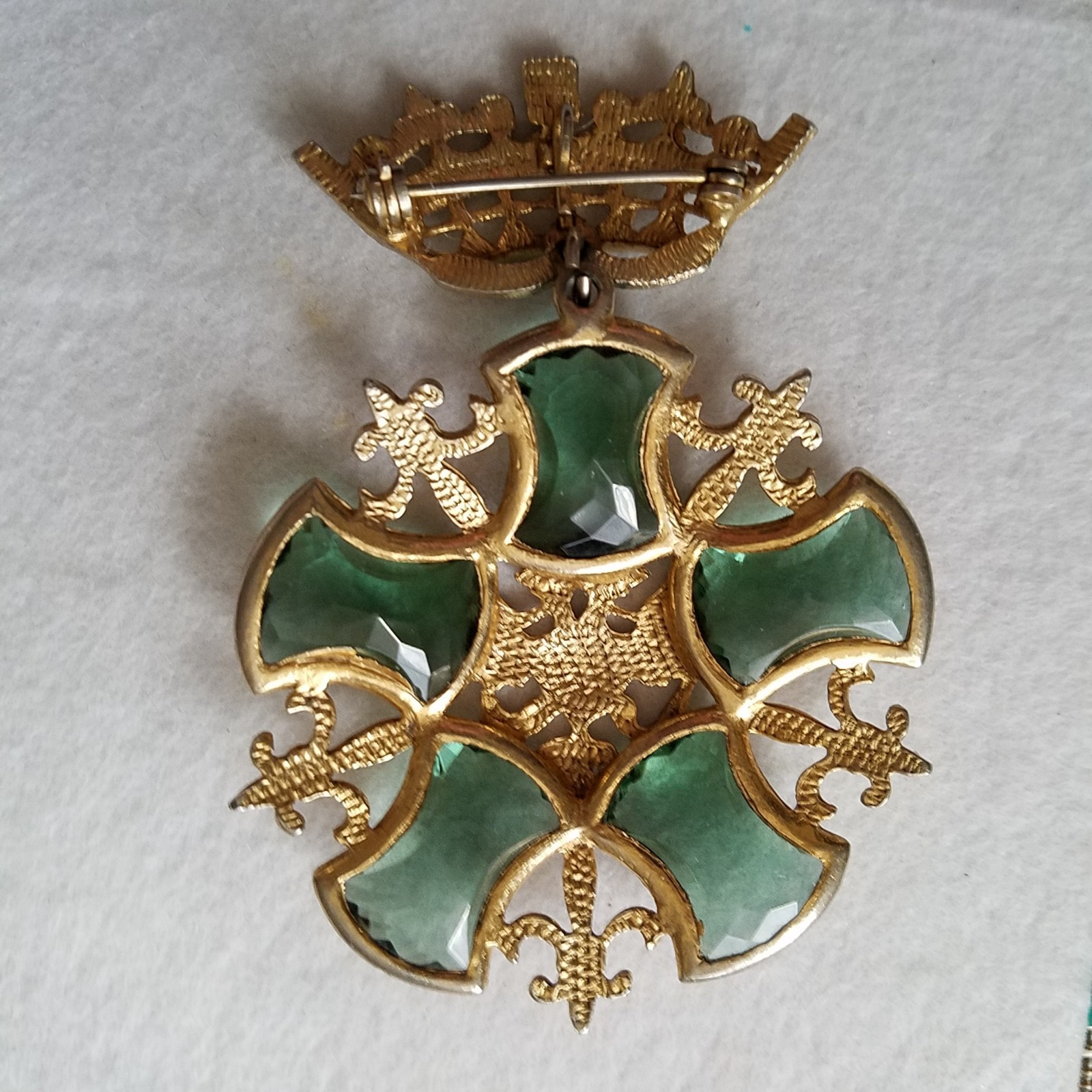 Vintage Crown Doubled-Headed Eagle Shield Green Rhinestone Fleur de Lis Brooch