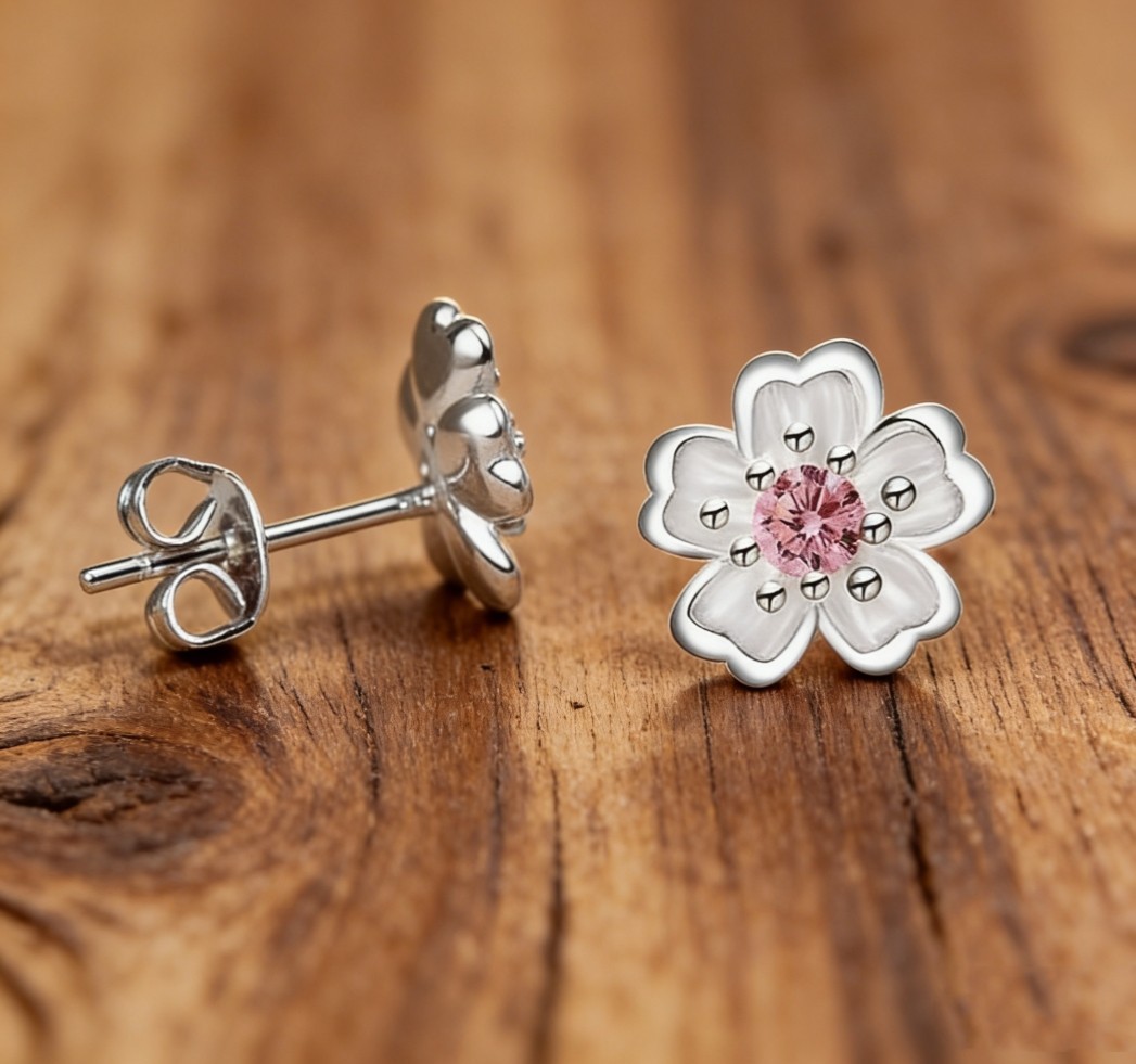 Elegant Pink CZ Cherry Blossom Silver Plated Stud Earrings Versatile Accessories