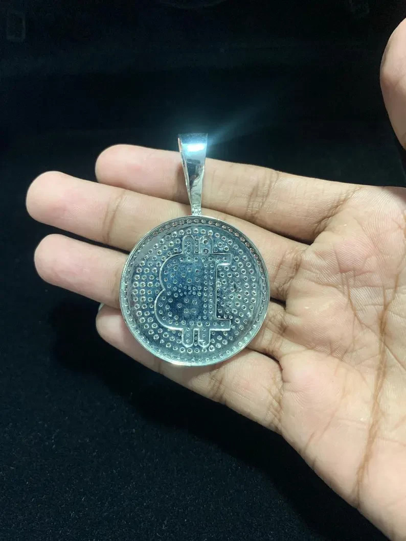 Bitcoin Pendant 2Ct Round Cut Moissanite 14K Gold Plated 925 Sterling Silver 3”
