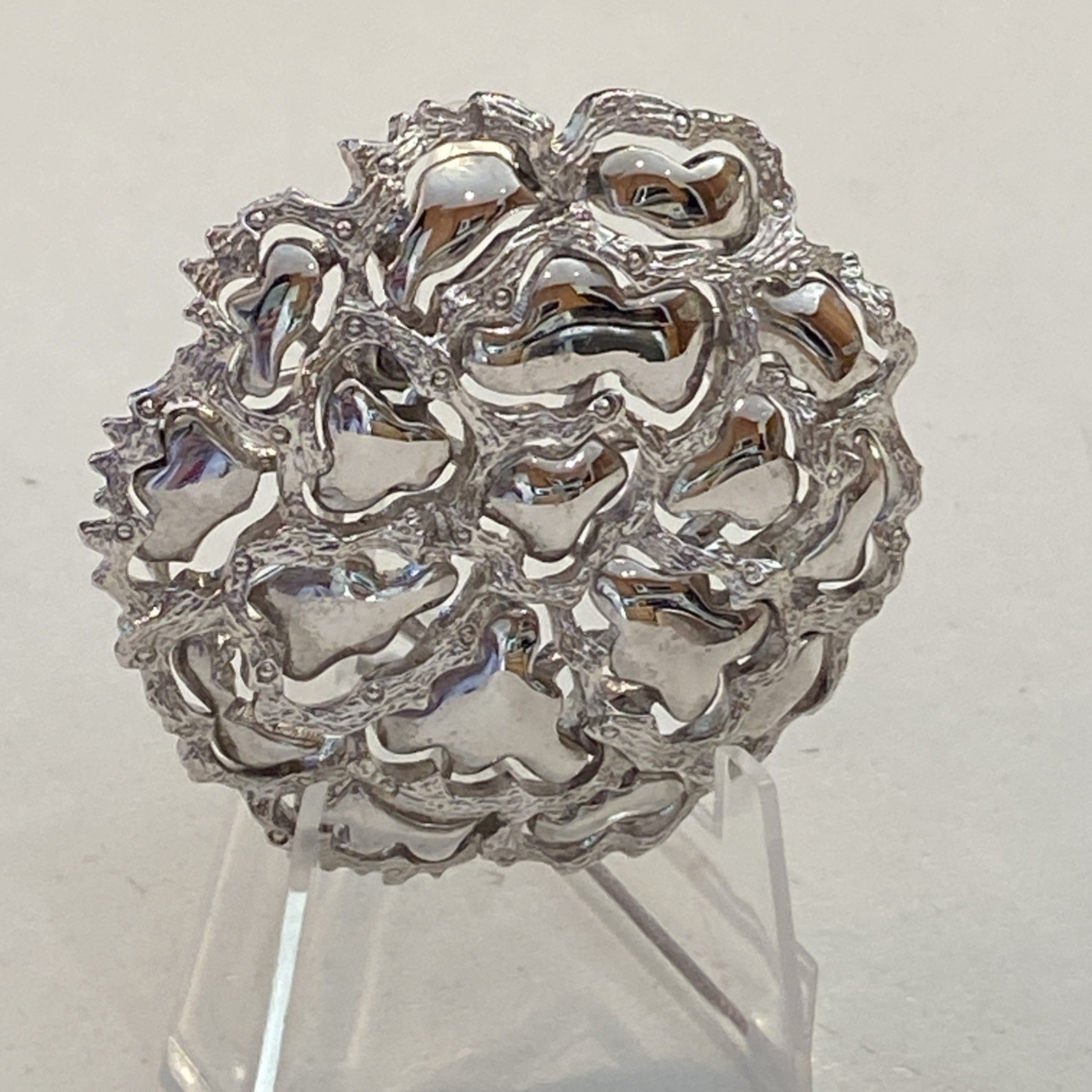 Vintage Roget TM Silver Tone Metal Modernist Perforated Pattern Branch Shiny Pin