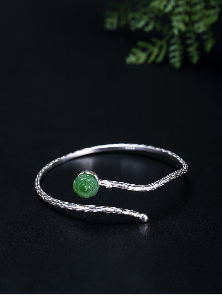 I04 Green Jade Rose Branch Bangle Bracelet 57mm Sterling Silver 925
