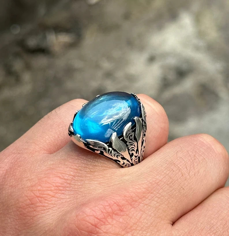 Mens Oval Aquamarine Ring Solid 925 Silver Turkish Ottoman Father Gift
