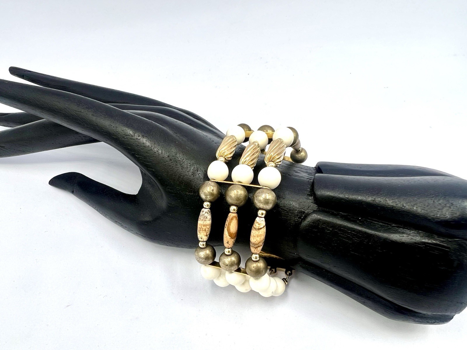 Vintage Silver Gold Ivory Brown Tan Gemstone Bead Wide Bracelet RO-DO NOS JD