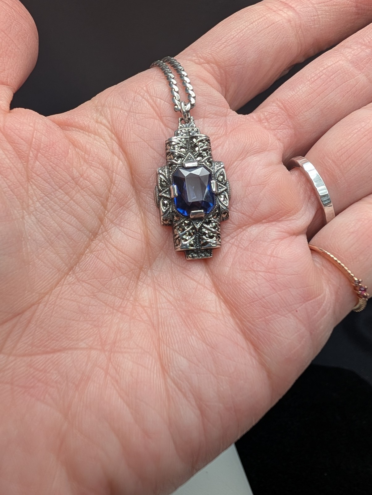 Uncas Manufacturing Sterling Sapphire Marcasite Art Deco Pendant And Chain 925