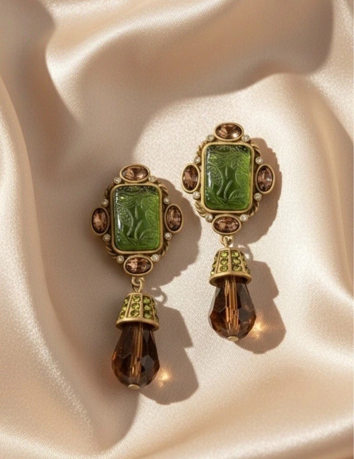 Intaglio Museum Earrings Green Gold Art Leaf Flower Revival VTG CZ Court Palace