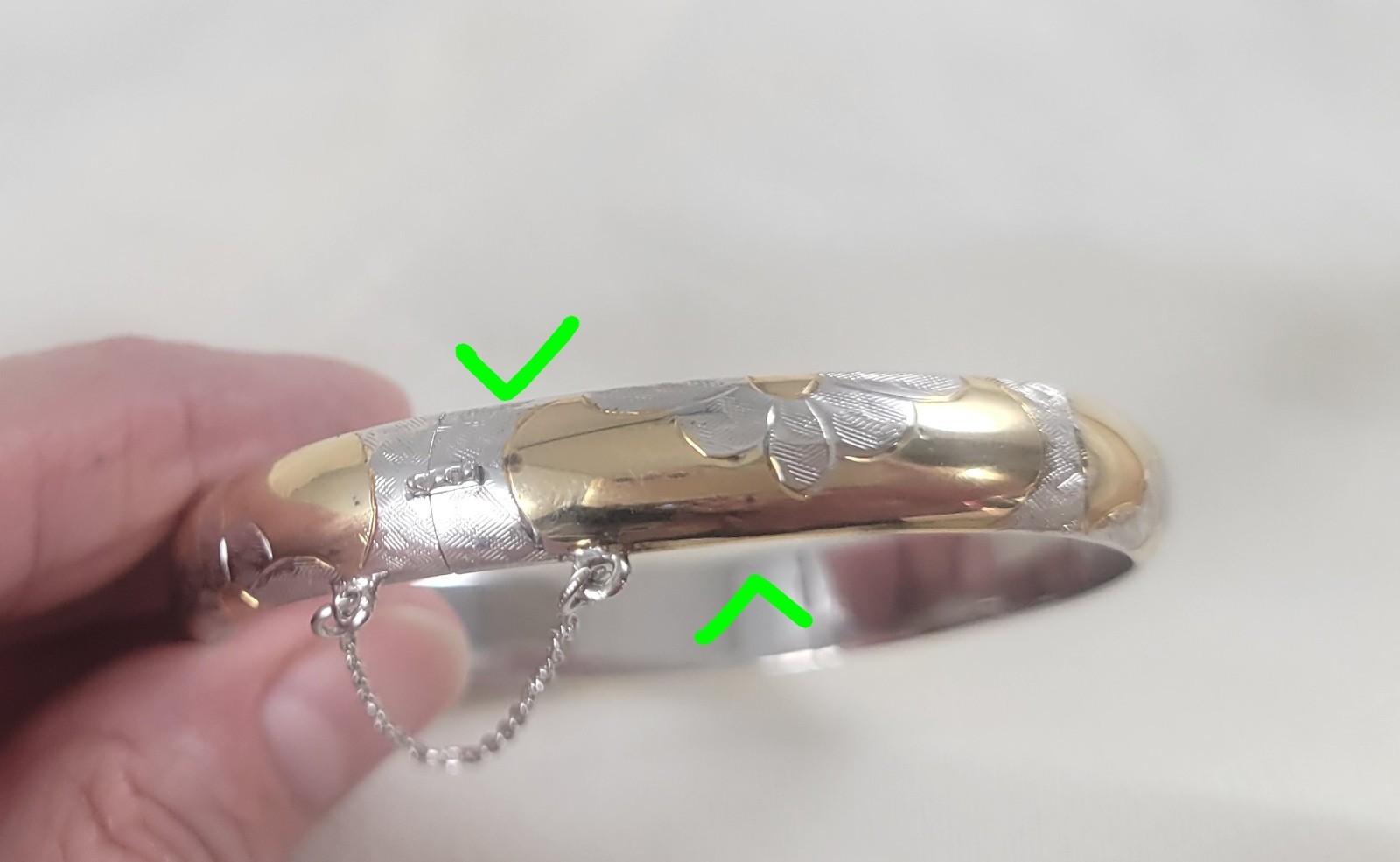 9mm wide Sterling Silver 925 & Vermeil Hinged Bangle Bracelet Safety Chain 7″